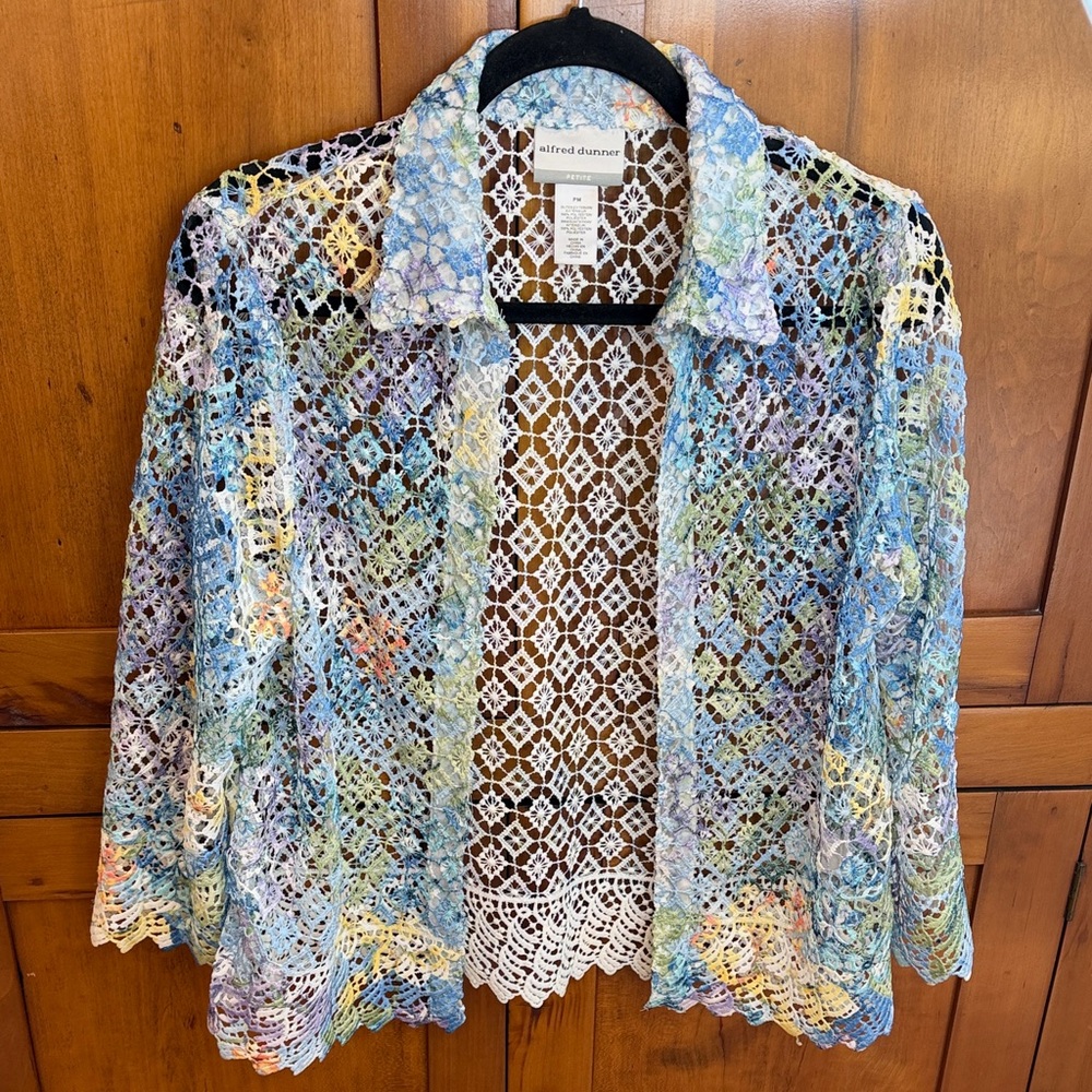 Alfred Dunner Multicolor Lace Crochet Open Front 3/4 Cardigan, Petite Medium
